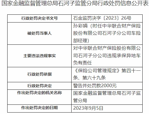 中华财险石河子分公司涉9罚单 妨碍现场检查组检查等