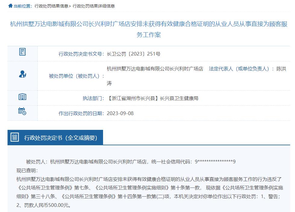 万达电影杭州某门店被罚 安排无健康合格证明人员服务