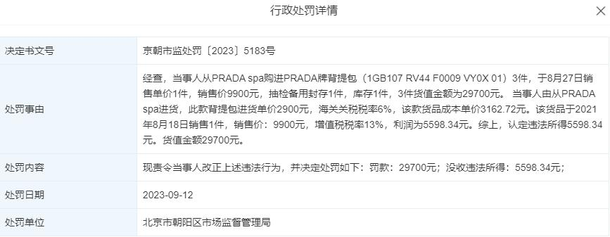PRADA北京某分店被罚 背提包进价2900元卖9900元