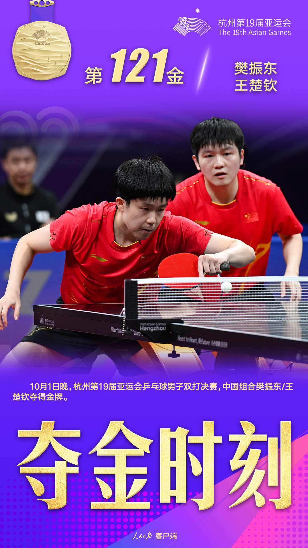 樊振东/王楚钦夺得杭州亚运会乒乓球男子双打金牌